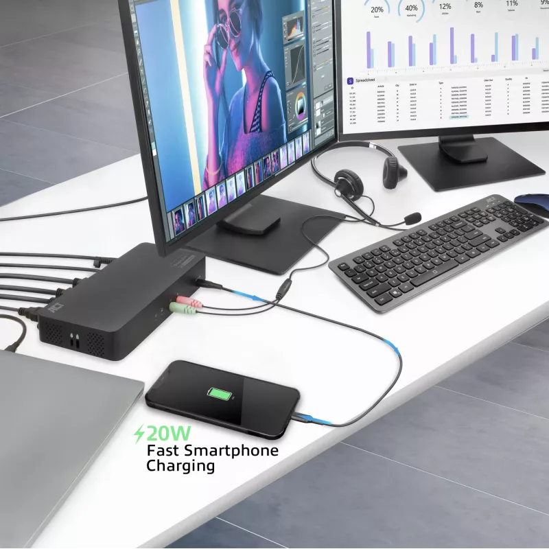 ACT USB-C-telakointiasema 4K, 2 HDMI- tai DisplayPort-näytölle, DisplayLink