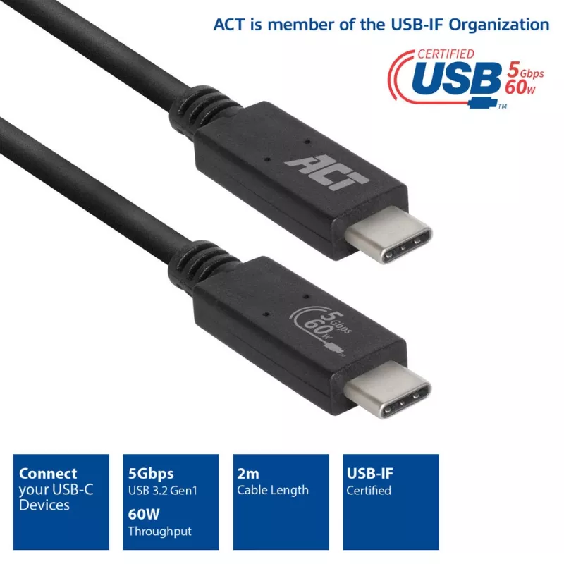 ACT USB 3.0 -kaapeli USB-C USB-IF-sertifioitu 2 m 5 Gbit/s