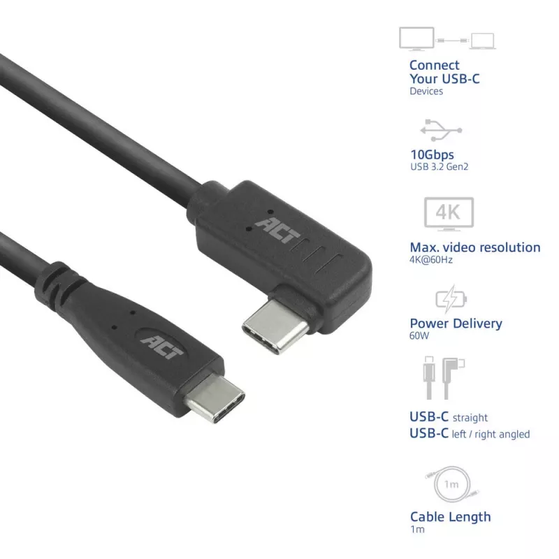 ACT USB 3.0 -kulmakaapeli USB-C 1 m 5 Gbit/s musta