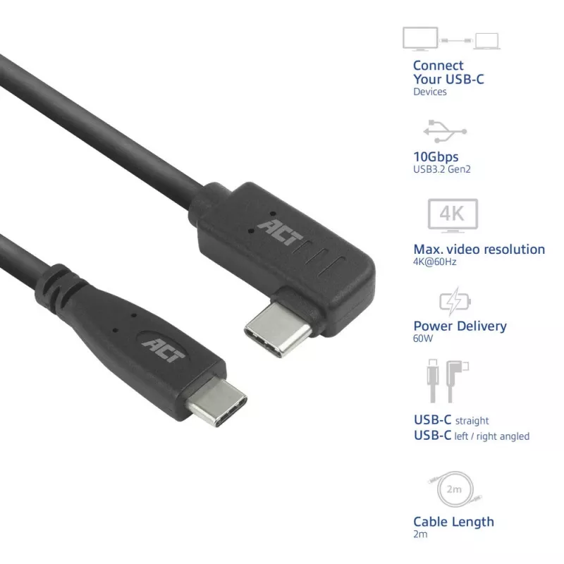 ACT USB 3.0 -kulmakaapeli USB-C 2 m 5 Gbit/s musta