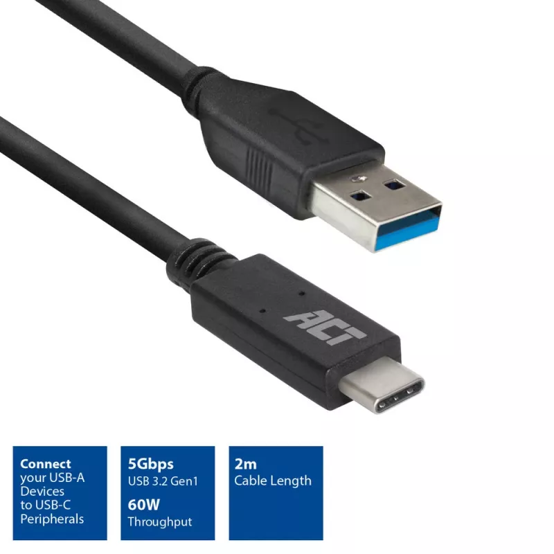 ACT USB 3.0 -kaapeli USB-A–USB-C 2 m 5 Gbit/s musta