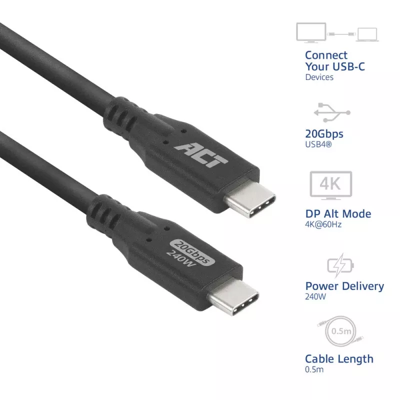 ACT USB4 20Gbps 240W USB Type-C kaapeli 0,5m musta