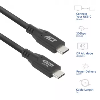 ACT USB4 20Gbps 240W USB Type-C -kaapeli 1 metri musta