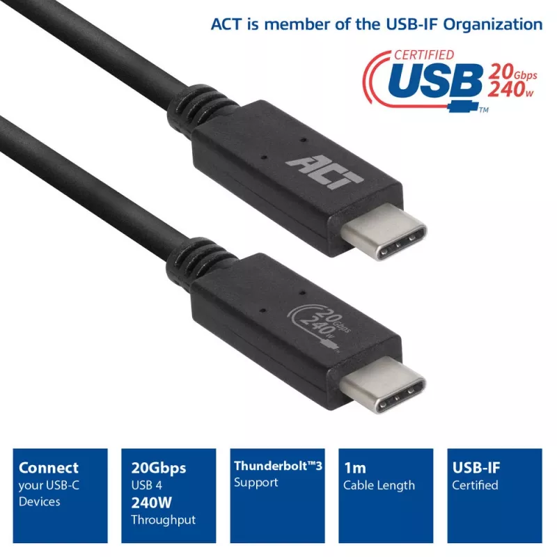 ACT USB4® 20 Gbps -kaapeli, USB-C, USB-IF-sertifioitu, 1 m