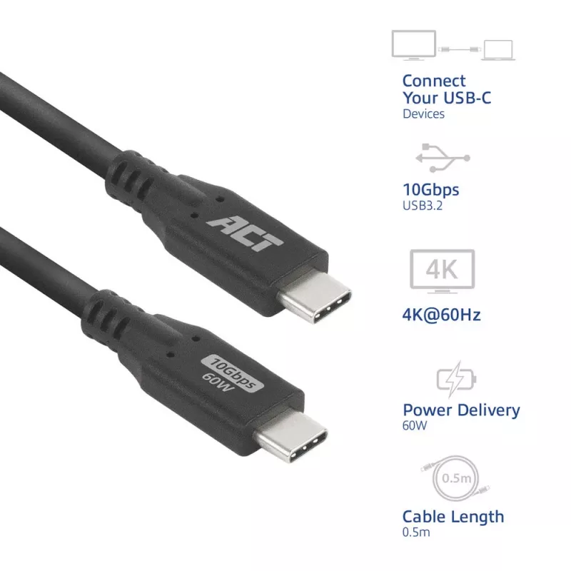 ACT USB 3.0 10Gbps 60W USB Type-C -kaapeli 0,5 m musta