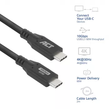 USB Type-C -kaapeli ACT AC7442 2 m 10 Gbit/s 60W musta