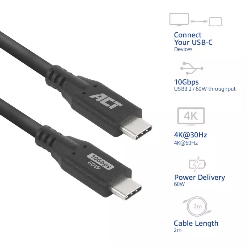 USB Type-C -kaapeli ACT AC7442 2 m 10 Gbit/s 60W musta