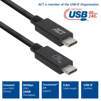 ACT USB4® 40 Gbit/s 240W USB Type-C® -kaapeli, USB-IF-sertifioitu, 0,8 metriä