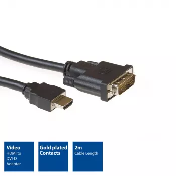 ACT 2 m HDMI-DVI-D-sovitinkaapeli, HDMI-A-uros – DVI-D-Single-Link-uros 18+1
