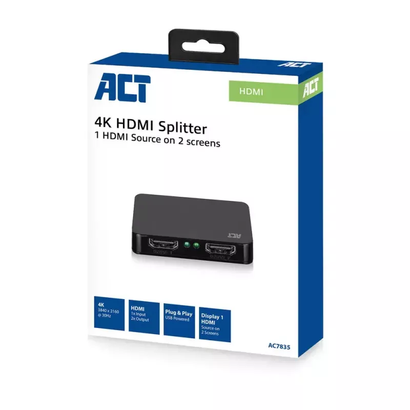 ACT AC7835 4K HDMI 1.4 -jakaja, 2 porttia, 4K@30Hz, USB-virralla