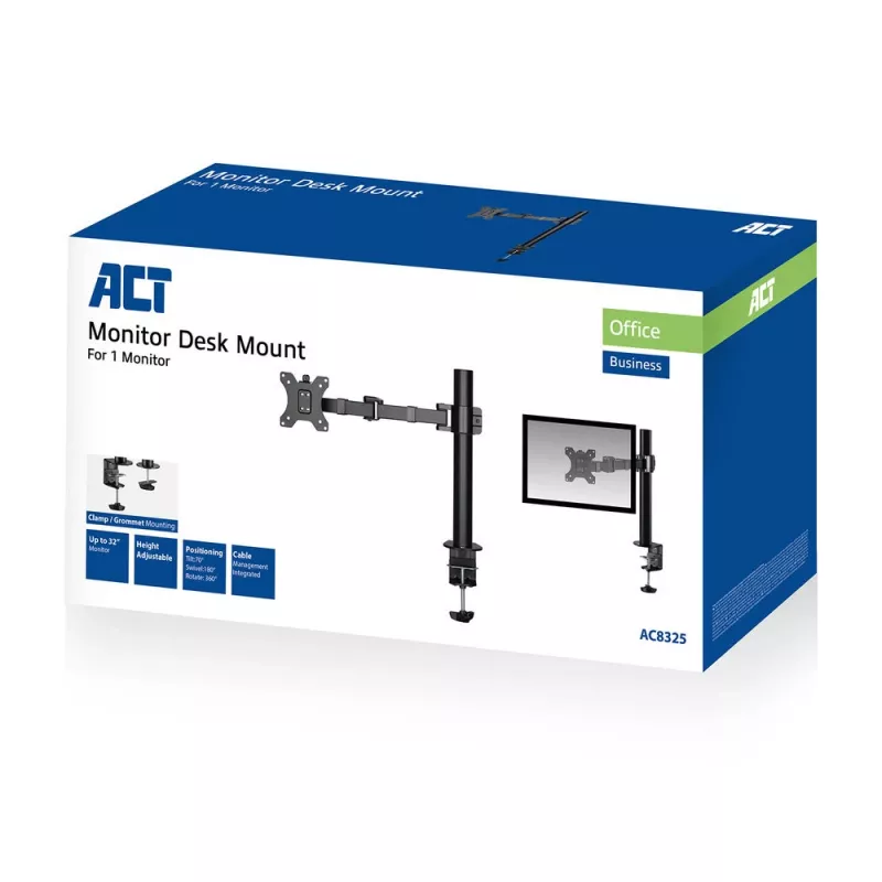 ACT yhden näytön varsi Office Solid Pro puristin/läpivientikiinnitys 12 kg 10-32
