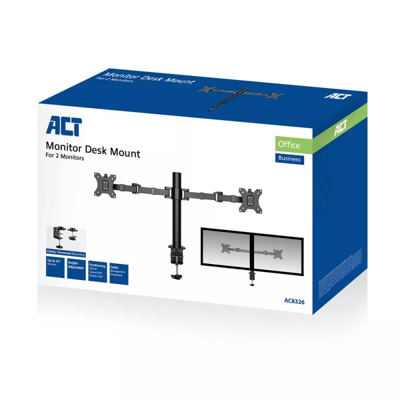 ACT kahden näytön varsi Office Solid Pro – puristin/läpivientikiinnitys – 12 kg – 10–32