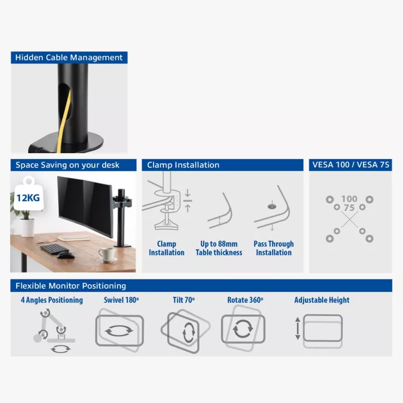 ACT kahden näytön varsi Office Solid Pro – puristin/läpivientikiinnitys – 12 kg – 10–32