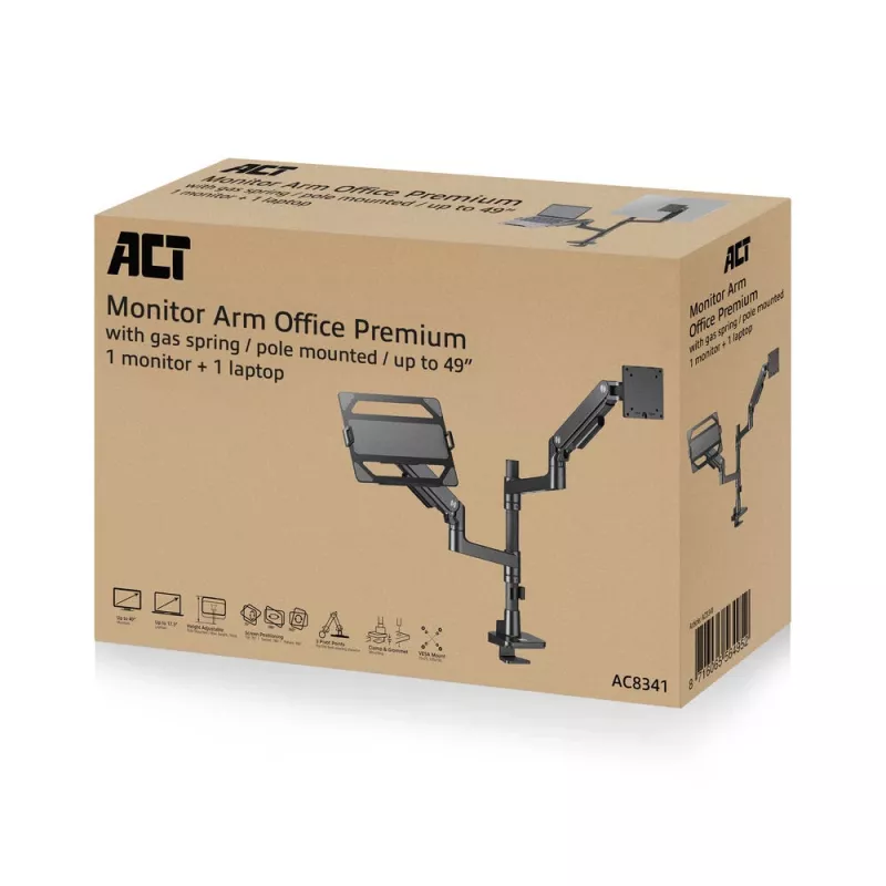 ACT AC8341 yhden näytön tukivarsi kannettavan pidikkeellä Office Premium, kaasujousi, tolppakiinnitys