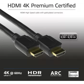 ACT 0,5 metrin HDMI High Speed Premium -sertifioitu kaapeli v2.0 HDMI-A-uros - HDMI-A-uros