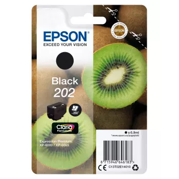 Epson Kiwi yksittäispakkaus musta 202 Claria Premium Ink, vakiokapasiteetti, musta, pigmenttimuste, 6,9 ml, 1 kpl, 250 sivua