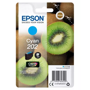 Epson Kiwi yksittäispakkaus syaani 202 Claria Premium Ink, vakiokapasiteetti, syaani, 4,1 ml, 1 kpl, 300 sivua