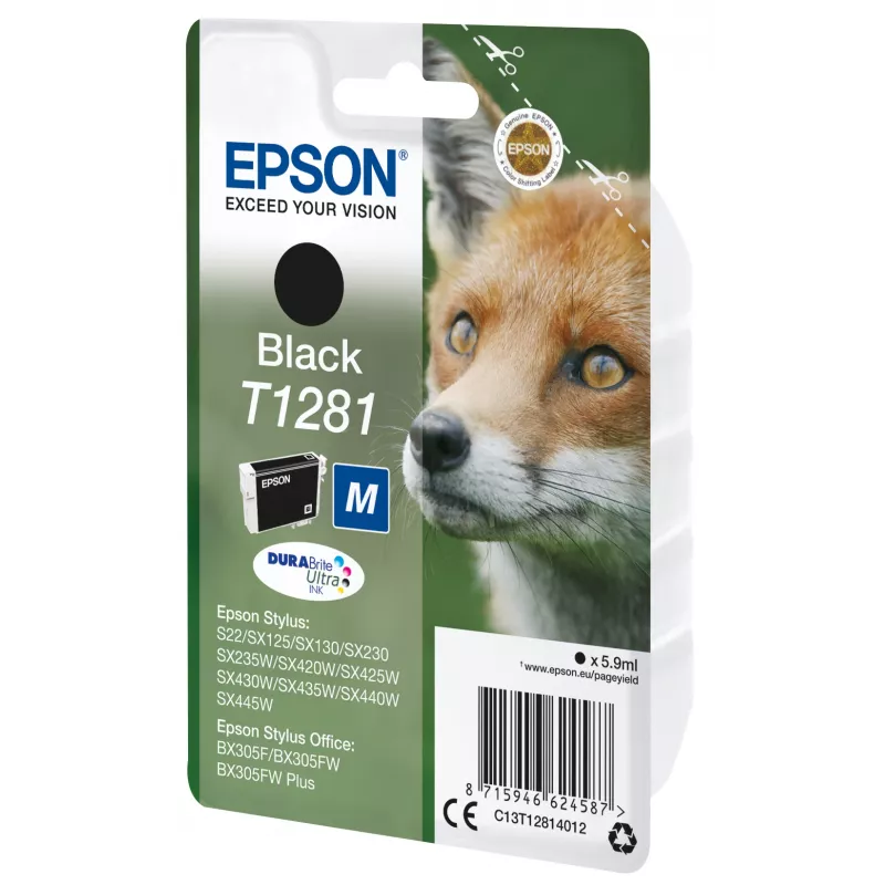 Epson Fox yksittäispakkaus musta T1281 DURABrite Ultra muste, musta, pigmentoitu muste, 5,9 ml, 1 kpl