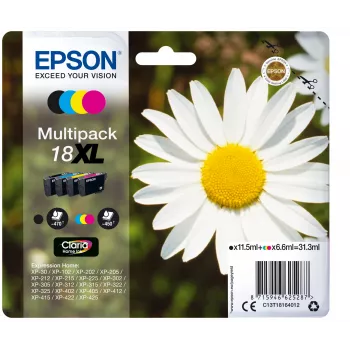 Epson Daisy monipakkaus 4 väriä 18XL Claria Home -muste, musta, syaani, magenta, keltainen, 11,5 ml, 6,6 ml, 1 kpl, 470 sivua, monipakkaus