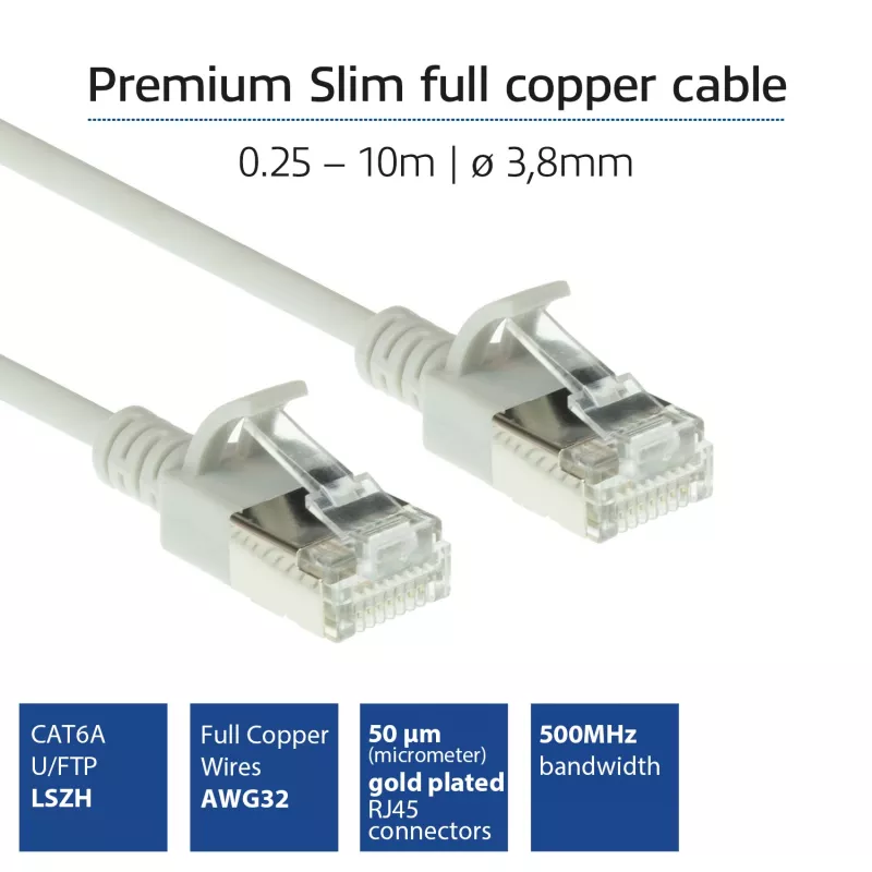 ACT harmaa 2 m LSZH U/FTP CAT6A datakeskuksen Slimline-patchkaapeli ilman lukituskielekettä RJ45-liittimillä