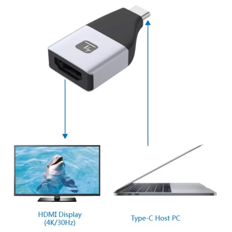 Techly IADAP-USBC-HDMI4K USB-C – HDMI-sovitin, 24-nastainen USB-C-uros – HDMI-naaras, 4K (3840 x 2160), musta, hopea