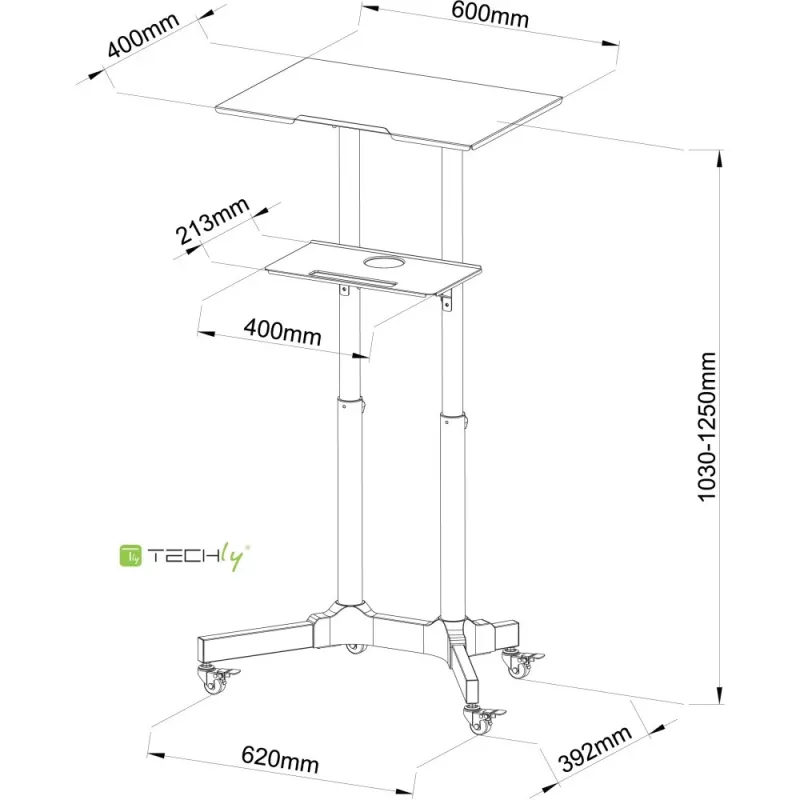 Techly ICA-TB TPM-1BK yleismallinen kannettavan/projektorin teline pyörillä, 103-125 cm, musta