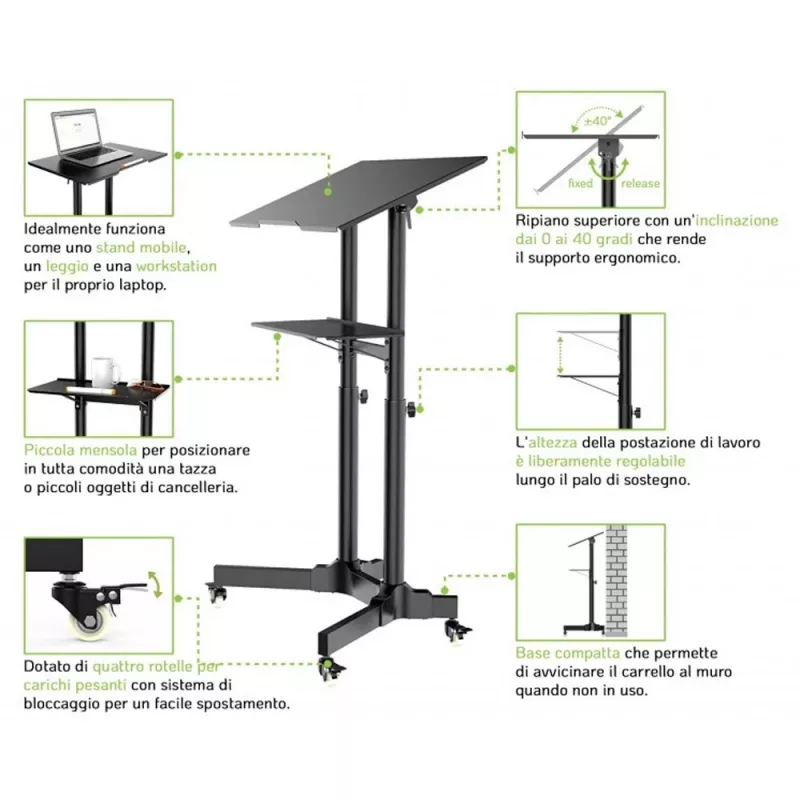 Techly ICA-TB TPM-1BK yleismallinen kannettavan/projektorin teline pyörillä, 103-125 cm, musta