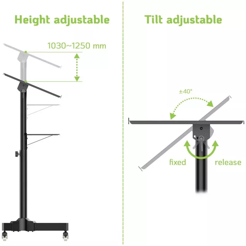 Techly ICA-TB TPM-1BK yleismallinen kannettavan/projektorin teline pyörillä, 103-125 cm, musta
