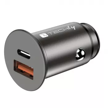 Techly Mini autolaturi USB-A ja USB-C Quick Charge 3.0 38W mustassa metallissa