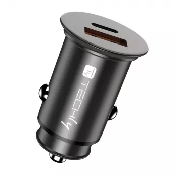 Techly Mini autolaturi USB-A ja USB-C Quick Charge 3.0 38W mustassa metallissa