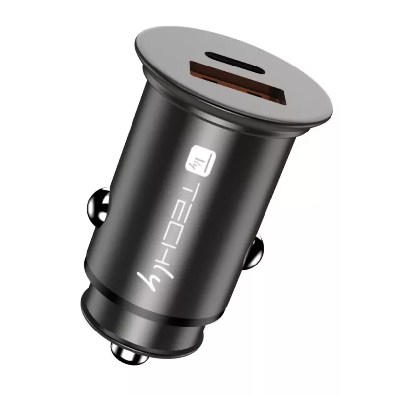 Techly Mini autolaturi USB-A ja USB-C Quick Charge 3.0 38W mustassa metallissa