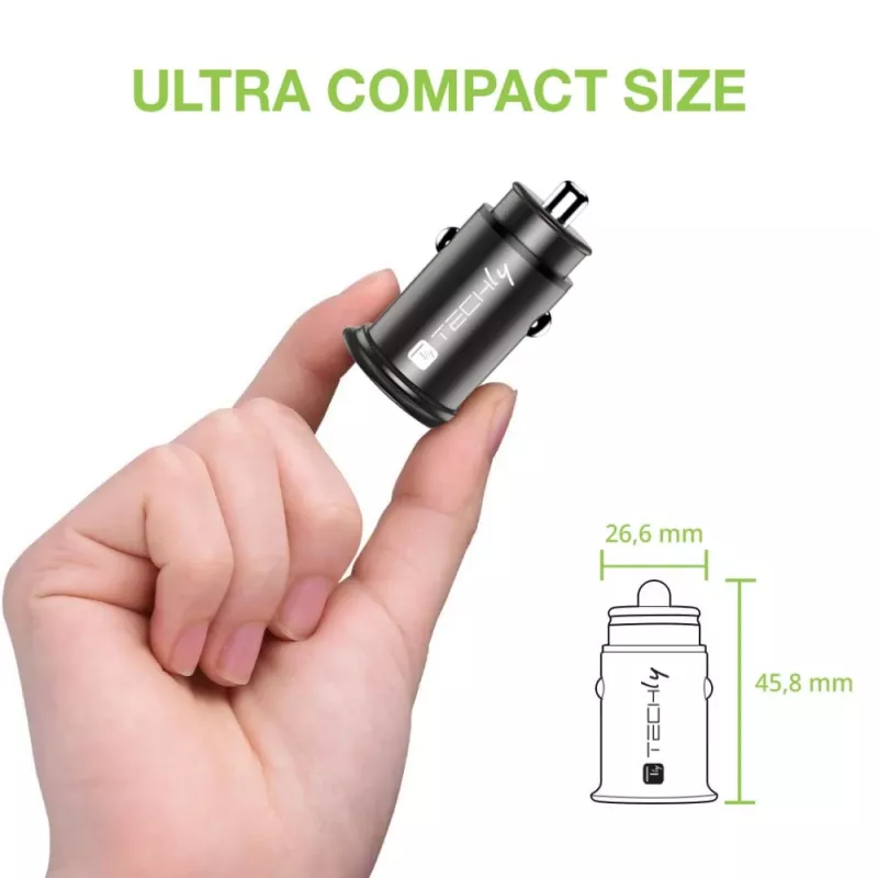 Techly Mini autolaturi USB-A ja USB-C Quick Charge 3.0 38W mustassa metallissa