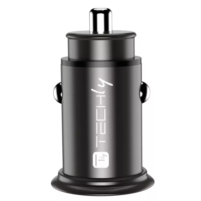 Techly Mini autolaturi USB-A ja USB-C Quick Charge 3.0 38W mustassa metallissa