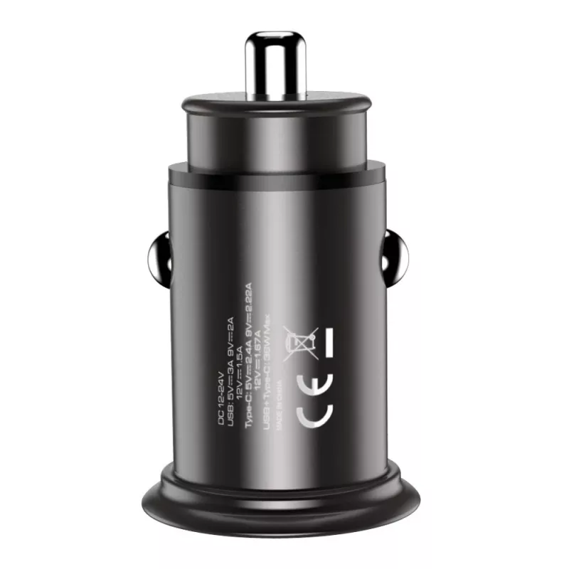 Techly Mini autolaturi USB-A ja USB-C Quick Charge 3.0 38W mustassa metallissa