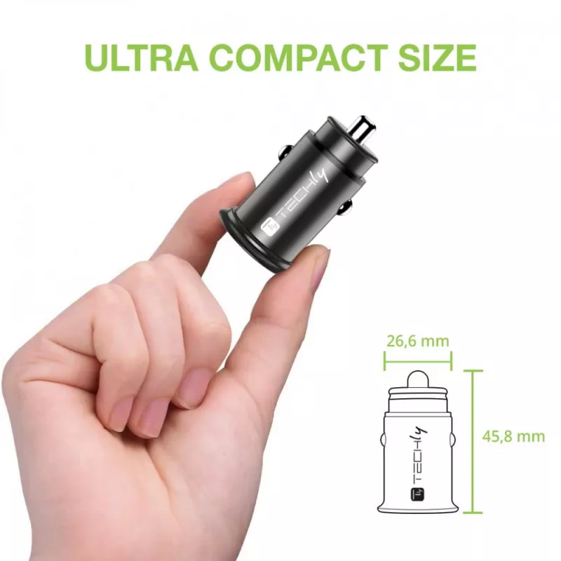 Techly Mini autolaturi USB-A ja USB-C Quick Charge 3.0 38W mustassa metallissa