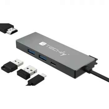 Techly IUSB32C-HUB4HPD kannettavan telakointiasema/porttireplikaattori johdollinen USB 3.2 Gen 2 (3.1 Gen 2) Type-C harmaa