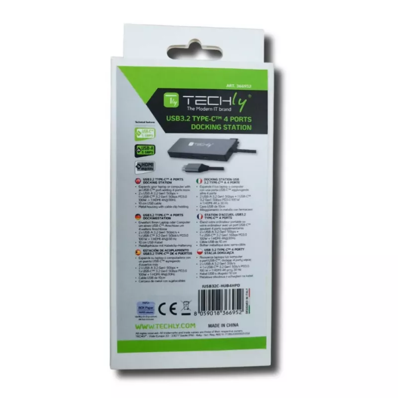 Techly IUSB32C-HUB4HPD USB-C-keskitin 4-in-1, USB 3.2 Type-C -telakointiasema, 2x USB-A, 1x USB-C, HDMI