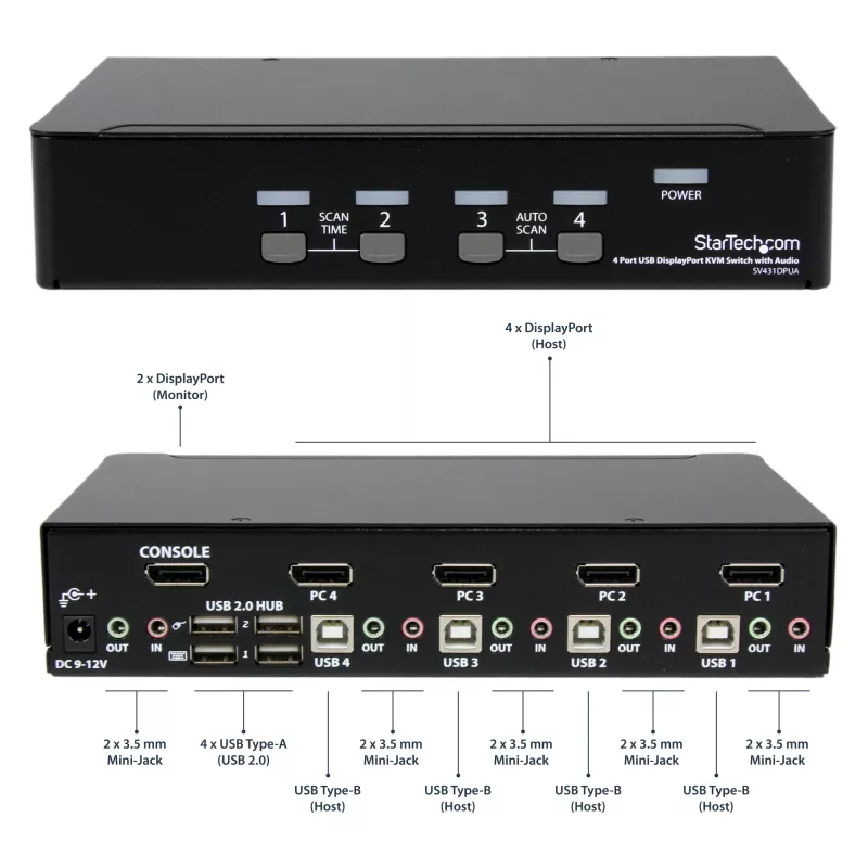 StarTech.com 4-porttinen USB DisplayPort KVM-kytkin audiotuella, 3840 x 2400 pikseliä, musta