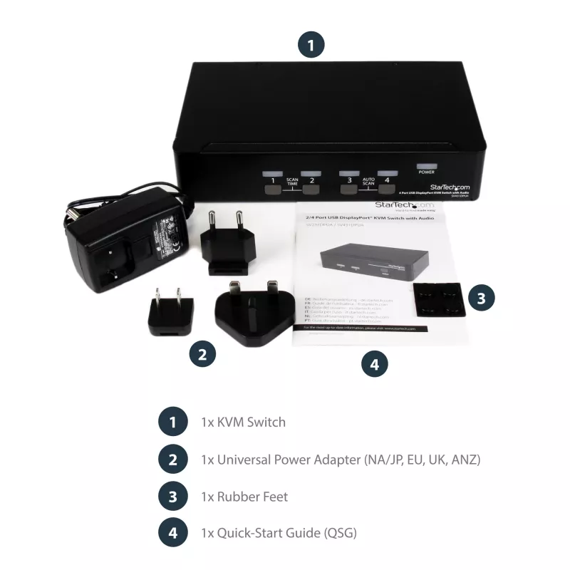 StarTech.com 4-porttinen USB DisplayPort KVM-kytkin audiotuella, 3840 x 2400 pikseliä, musta