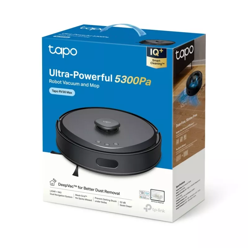 TP-Link Tapo -imurointirobotti, pussiton, musta, pyöreä, ladattava, 55 dB, 0,3 L