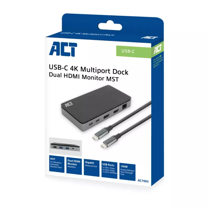 ACT USB-C 4K MST -telakka 2 HDMI-näytölle, Ethernet, USB-C, 3x USB-A, PD-läpivienti ja 1 metrin irrotettava liitäntäkaapeli