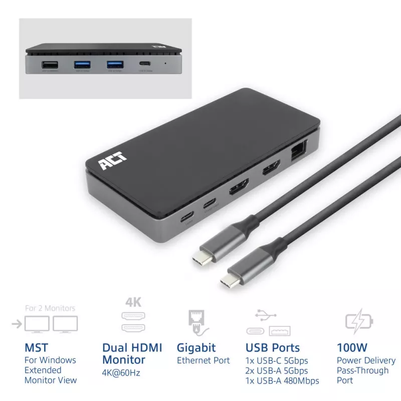 ACT USB-C 4K MST -telakka 2 HDMI-näytölle, Ethernet, USB-C, 3x USB-A, PD-läpivienti ja 1 metrin irrotettava liitäntäkaapeli