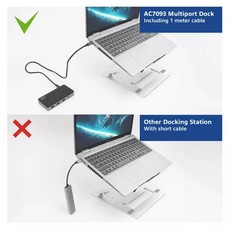 ACT USB-C 4K MST -telakka 2 HDMI-näytölle, Ethernet, USB-C, 3x USB-A, PD-läpivienti ja 1 metrin irrotettava liitäntäkaapeli