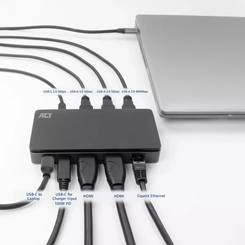 ACT USB-C 4K MST -telakka 2 HDMI-näytölle, Ethernet, USB-C, 3x USB-A, PD-läpivienti ja 1 metrin irrotettava liitäntäkaapeli