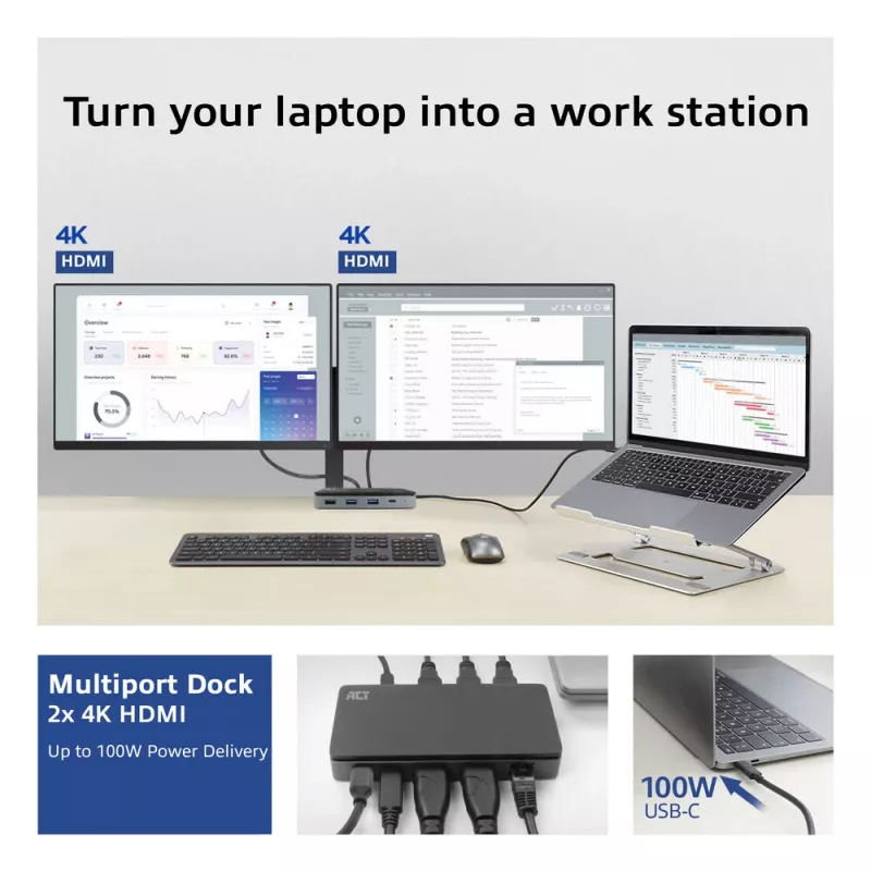 ACT USB-C 4K MST -telakka 2 HDMI-näytölle, Ethernet, USB-C, 3x USB-A, PD-läpivienti ja 1 metrin irrotettava liitäntäkaapeli