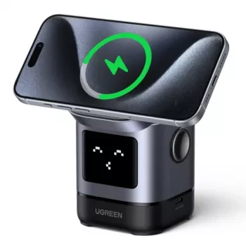 Laturi UGREEN 45775 — langaton AC-pikalaturi sisäkäyttöön, yleinen, 1× USB-C, musta/harmaa