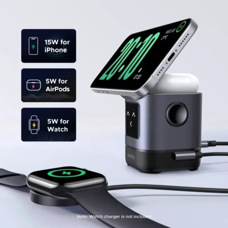 Laturi UGREEN 45775 — langaton AC-pikalaturi sisäkäyttöön, yleinen, 1× USB-C, musta/harmaa
