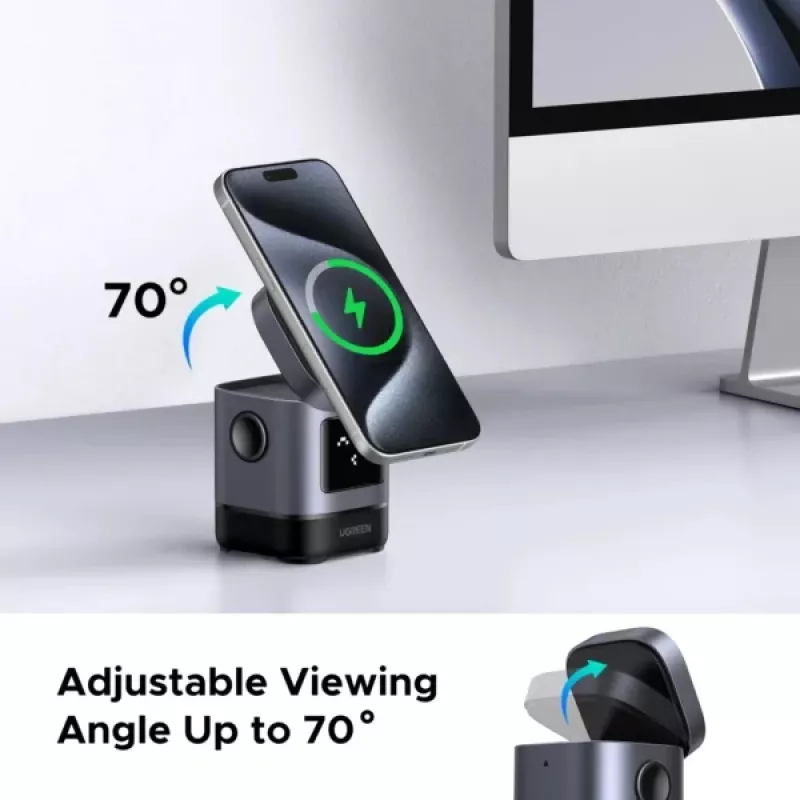 Laturi UGREEN 45775 — langaton AC-pikalaturi sisäkäyttöön, yleinen, 1× USB-C, musta/harmaa