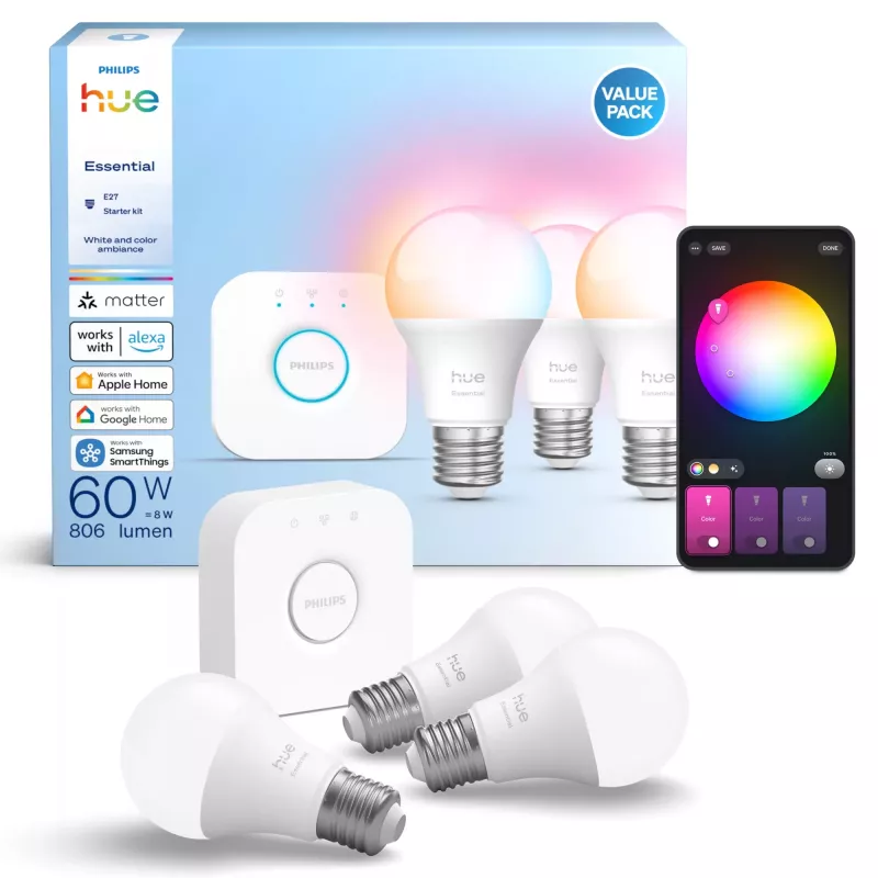 Philips Hue White and Colour Ambience Essential -älyvalopaketti – 3× E27-älylamppu, 806 lm, 8 W, Bluetooth/Zigbee