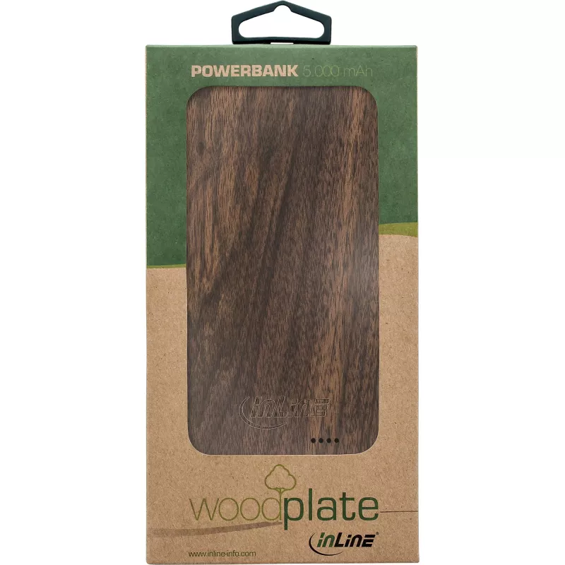 InLine woodplate, USB-virtapankki 5 000mAh, LED-valolla, saksanpähkinäpuu